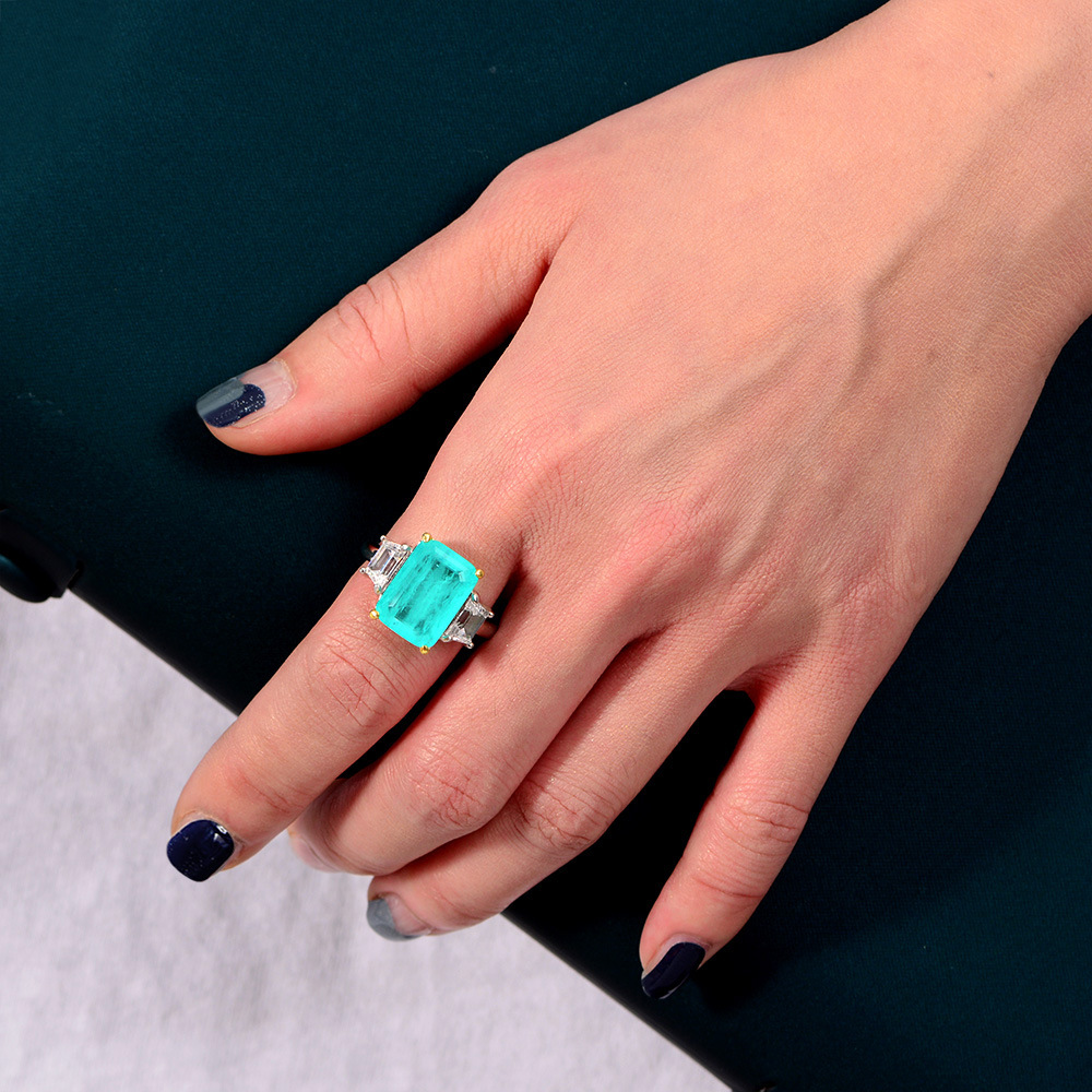 8Ct Emerald Cut Blue Paraiba Tourmaline Three-Stone Ring-Sterling Silver-lornajewelry