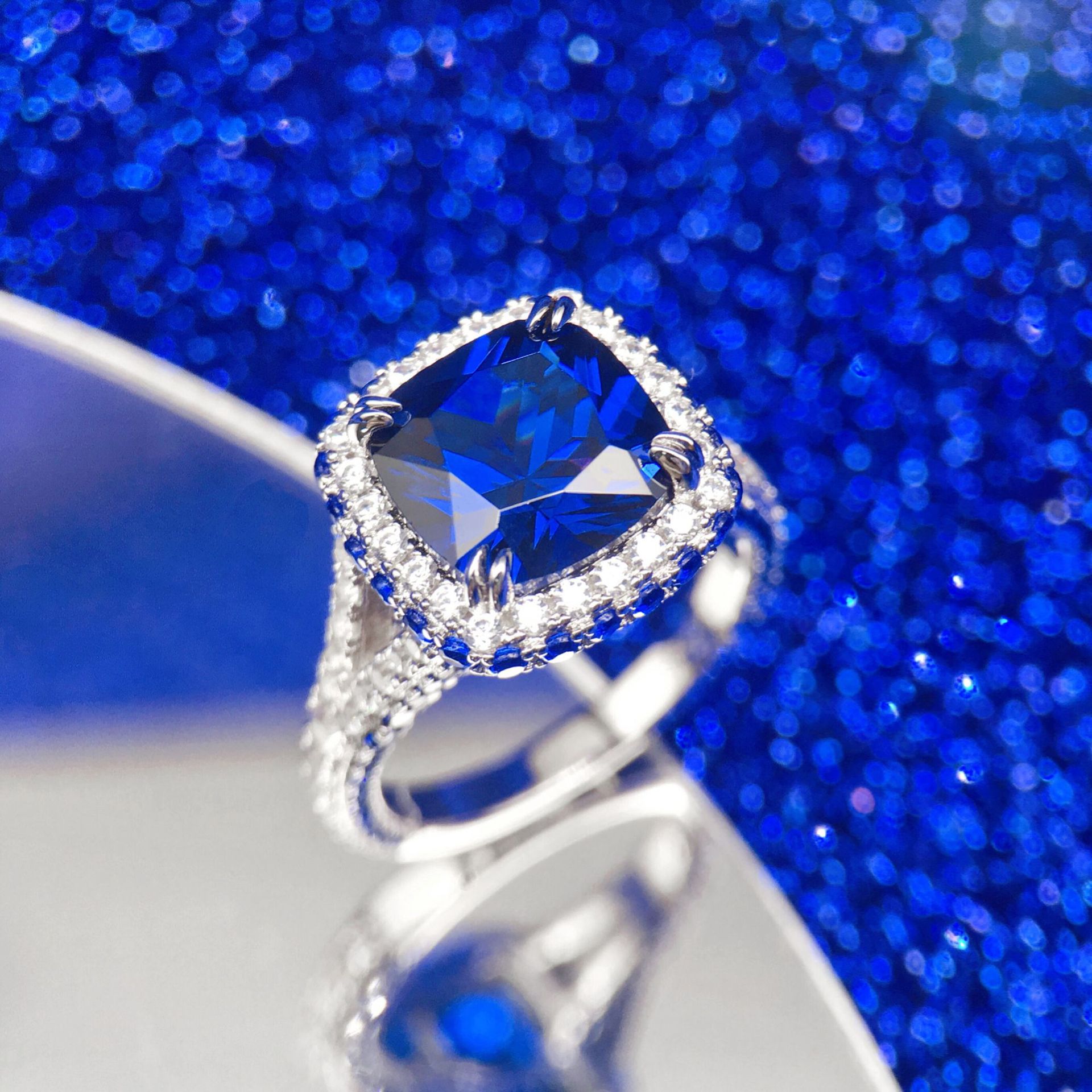 5Ct Sparkling Blue Full Pave Handmade 4-Prong Engagement Ring In Sterling Silver