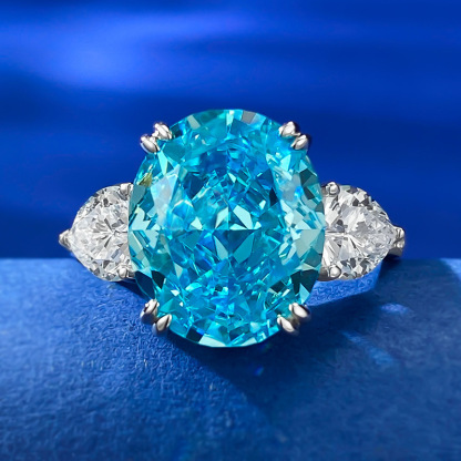 4.5Ct Aquamarine Blue Oval Cut Three-Stone Pave Setting Classic Style Ring-Sterling Silver-lornajewelry