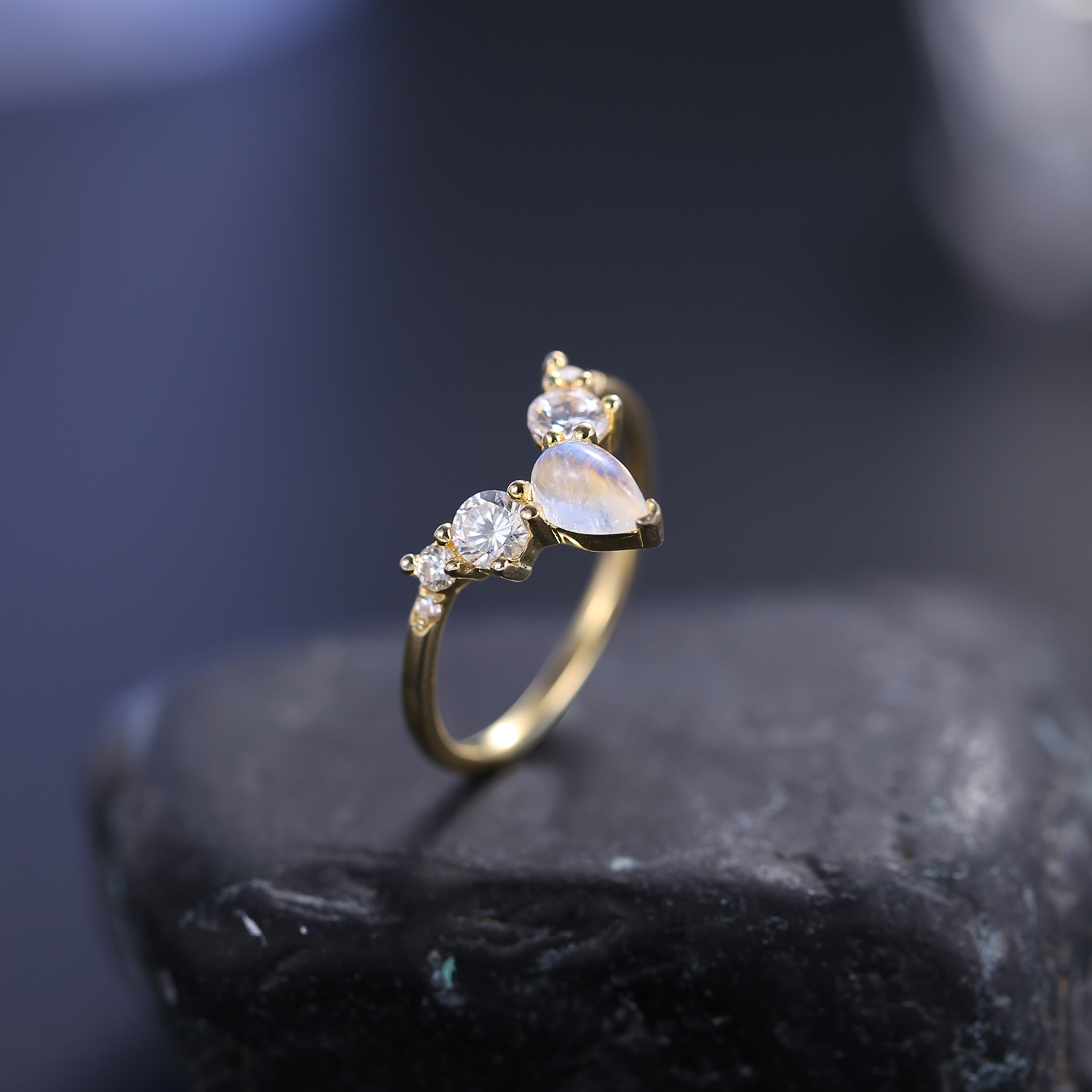 Natural Cream Blue Moonstone Engagement Ring