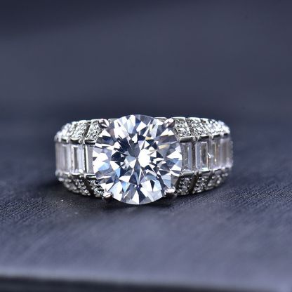 5Ct Moissanite Three-Row Tapered Shank Sterling Silver Engagement Ring-Sterling Silver-lornajewelry