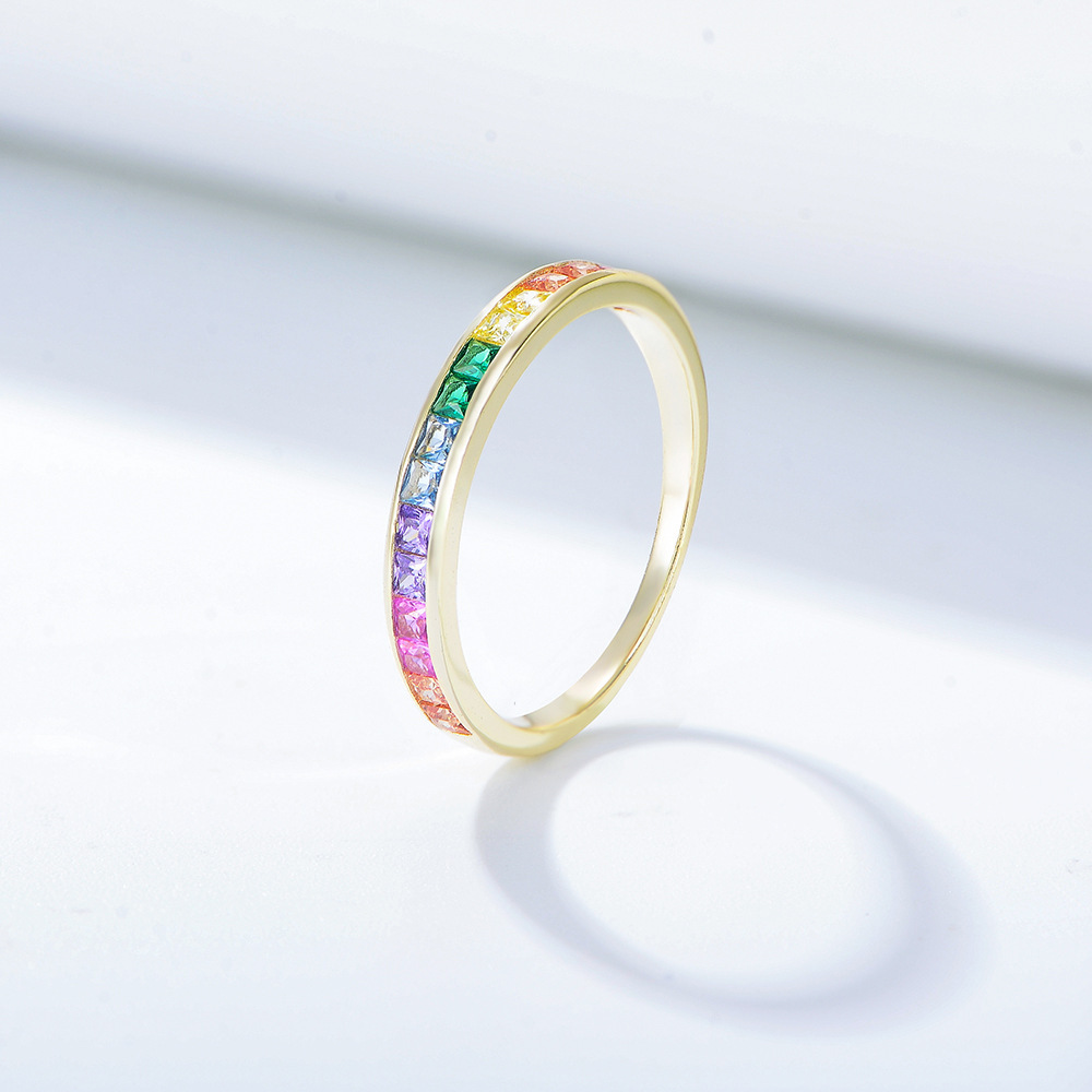 Micro-Pavé Square Rainbow Zircon Wedding Band in Sterling Silver