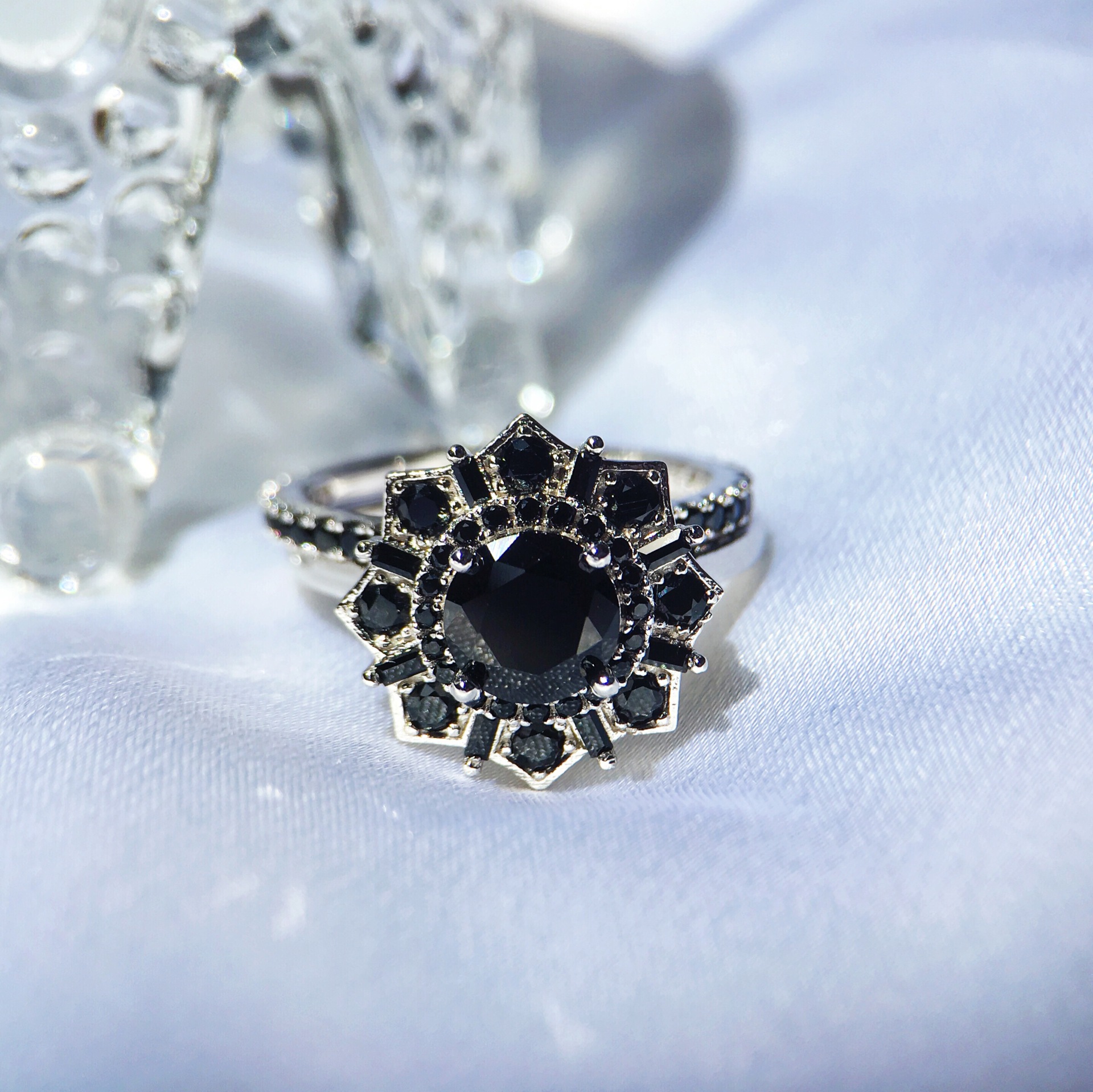 1.5Ct Black Stone Double Halo Starburst Wedding Ring Set in Sterling Silver-Sterling Silver-lornajewelry