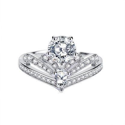 1Ct Moissanite White Round Cut and Pear Cut Pave Setting Crown Style Ring-Sterling Silver-lornajewelry