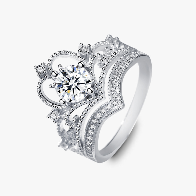 1Ct Moissanite Round Cut Crown Design Pave Setting Ring-Sterling Silver-lornajewelry