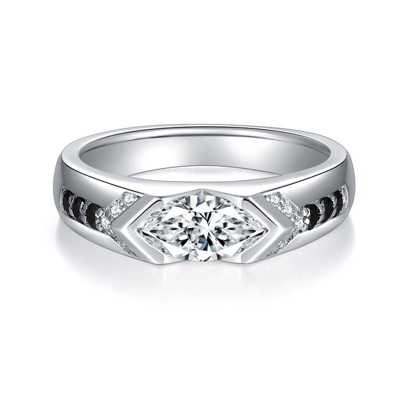 1Ct Marquise Cut Moissanite Bold Harmony Unique Black & White Statement Design Sterling Silver Engagement Ring