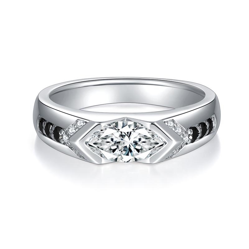 1Ct Marquise Cut Moissanite Bold Harmony Unique Black & White Statement Design Sterling Silver Engagement Ring