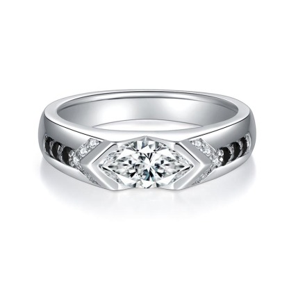 1Ct Marquise Cut Moissanite Bold Harmony Unique Black & White Statement Design Sterling Silver Engagement Ring