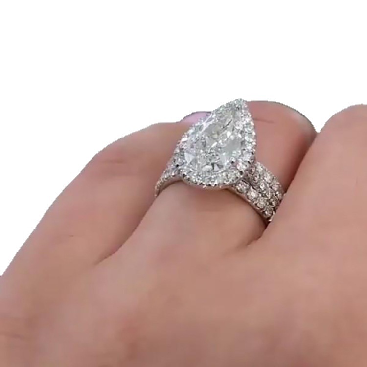 3Ct Classic Halo Pear Cut  3PC Wedding Ring Set In Sterling Silver