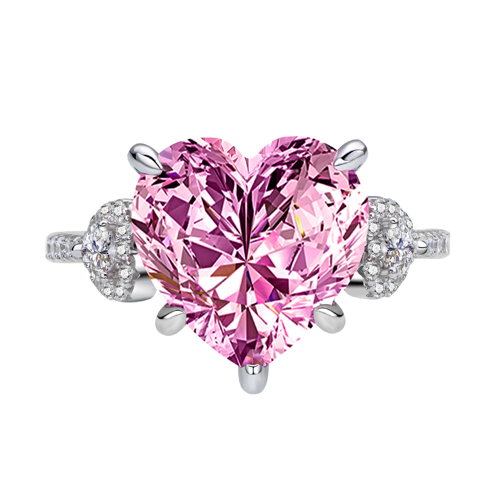 6Ct Pink Heart Cut Three-Stone Pave Engagement Ring in Sterling Silver-Sterling Silver-lornajewelry