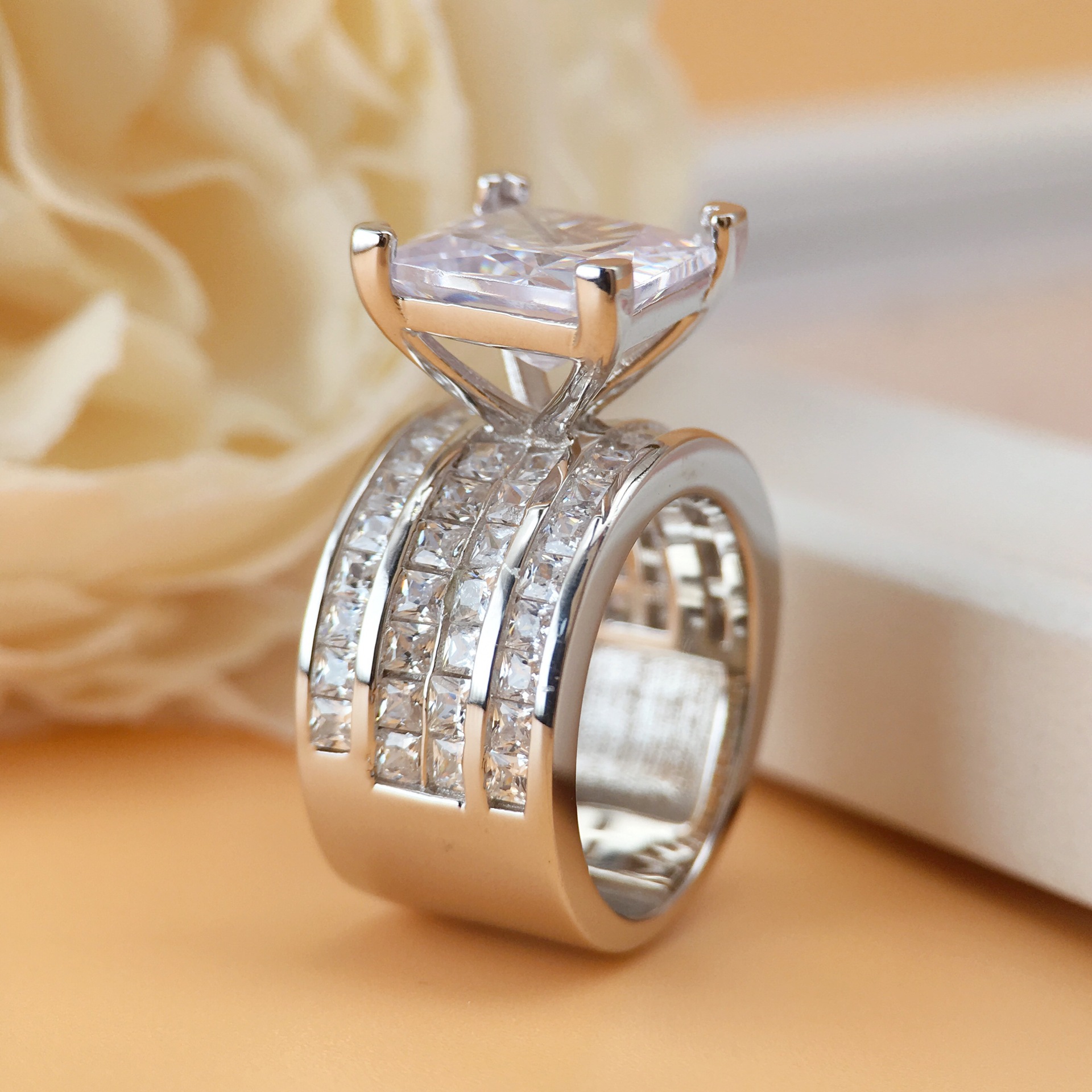 3Ct Moissanite Wide Band Versatile Style 4-Prong Hollow Design Engagement Ring In Sterling Silver