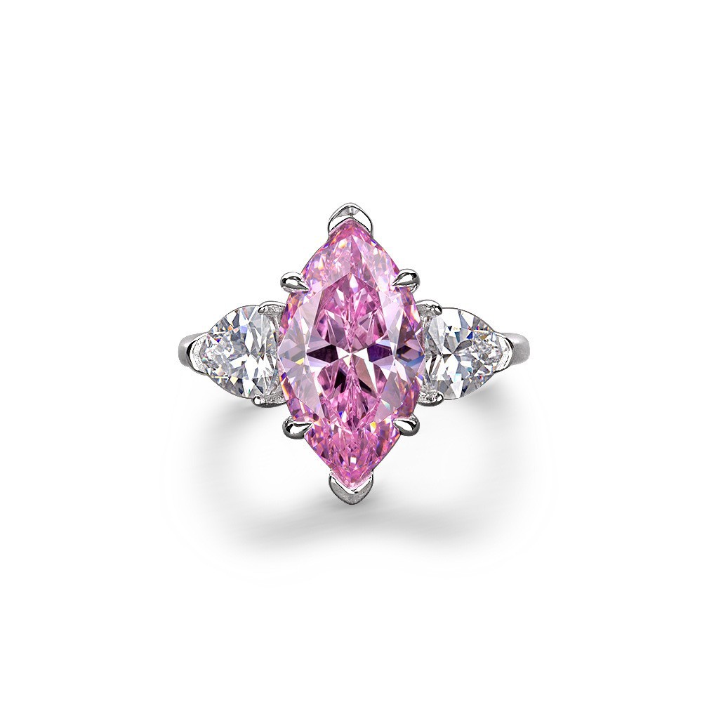 4Ct Marquise Cut Pink Three Stone Engagement Ring In Sterling Silver-Sterling Silver-lornajewelry