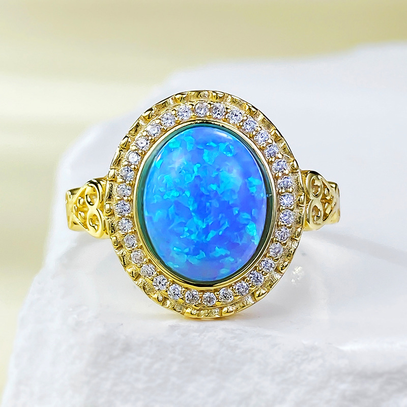 2.5Ct Oval Cut Blue Opal Halo Set Vintage Style Ring-Sterling Silver-lornajewelry