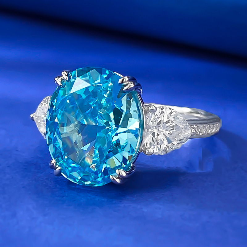 4.5Ct Aquamarine Blue Oval Cut Three-Stone Pave Setting Classic Style Ring-Sterling Silver-lornajewelry