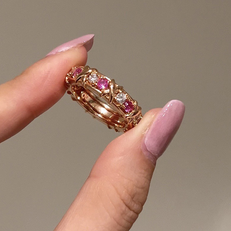 Rose Ruby and White Round Cut X-Prong Setting Rose Gold Band-Sterling Silver-lornajewelry