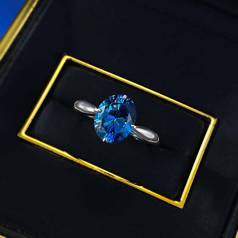 3Ct Blue Oval Cut Solitaire Ring-Sterling Silver-lornajewelry
