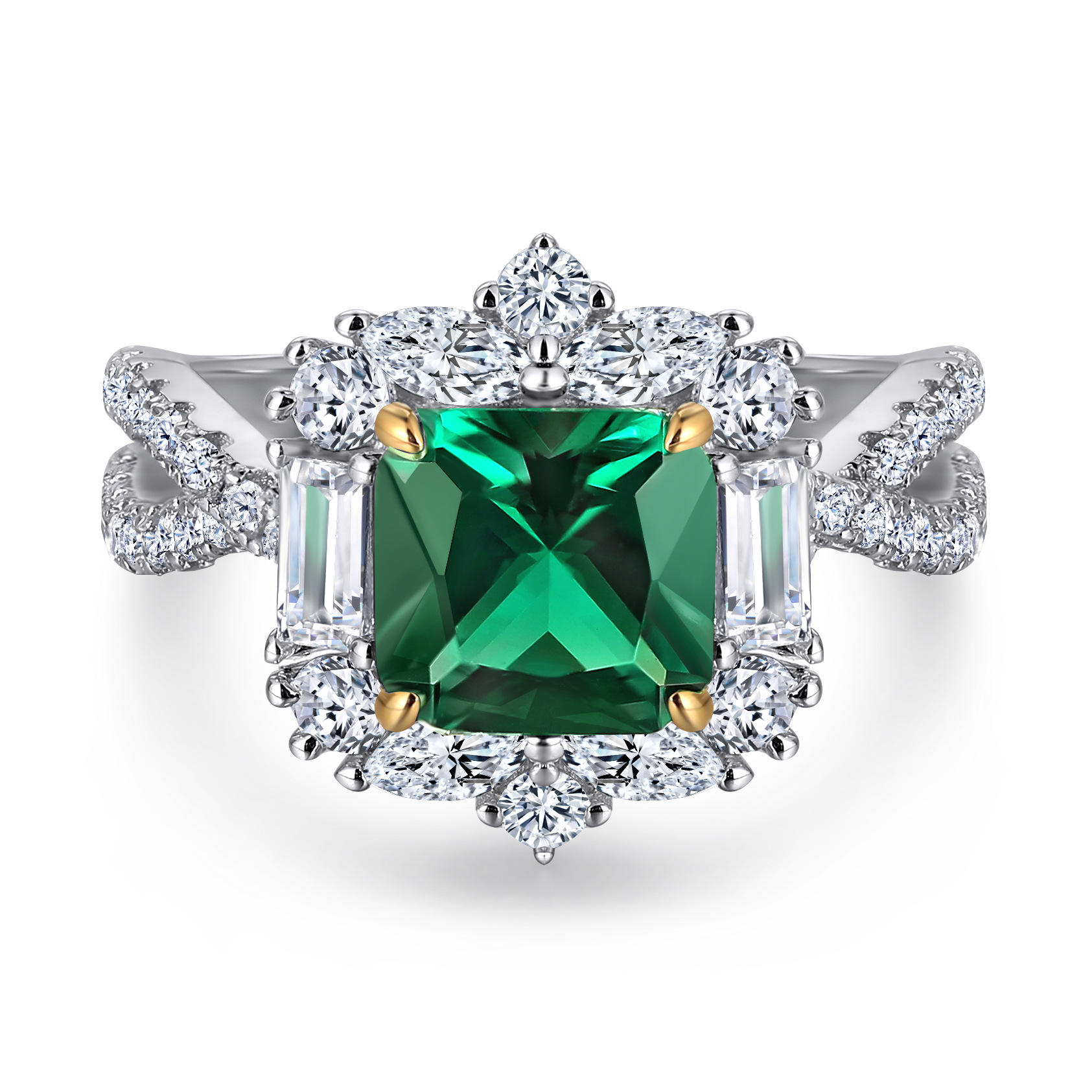 2Ct Green Cushion Cut Halo Split Shank Ring-Sterling Silver-lornajewelry