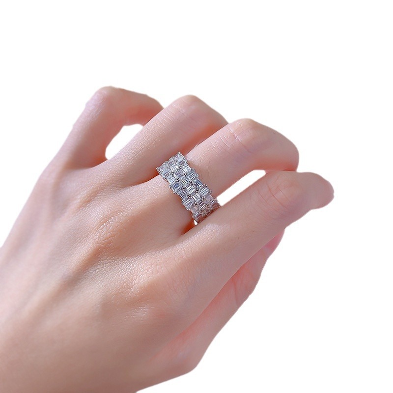 White Emerald Cut Multi-Row Prong Setting Band-Sterling Silver-lornajewelry