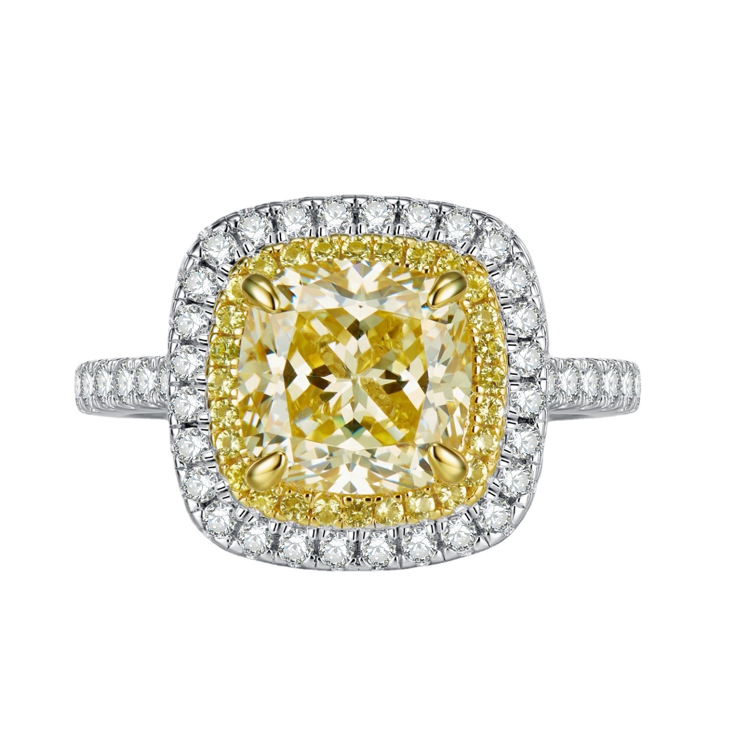 2.5Ct Cushion Cut Yellow Gemstone Double Halo Design Ring-Sterling Silver-lornajewelry