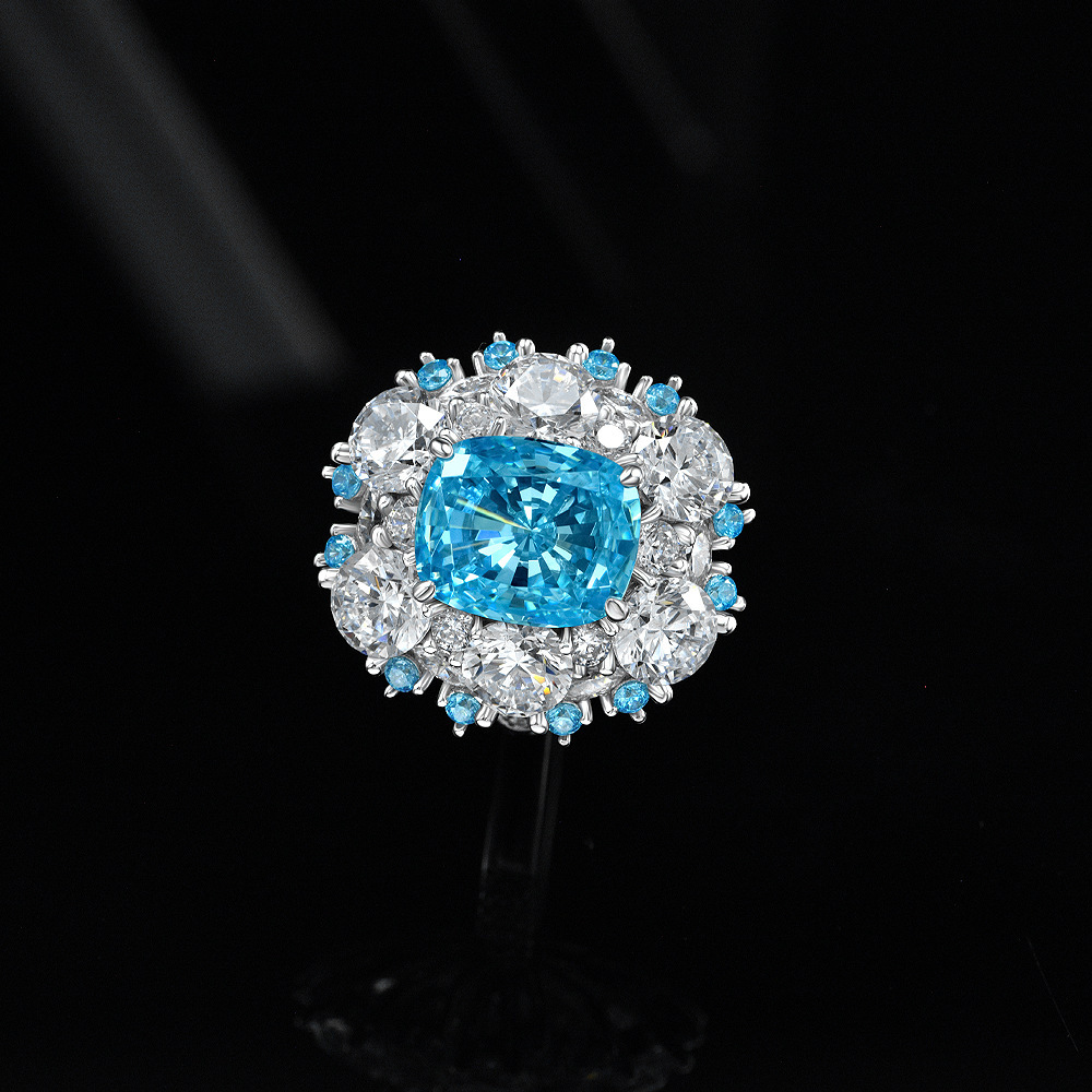 6Ct Cushion Cut Aquamarine Double Halo Pave Ring-Sterling Silver-lornajewelry