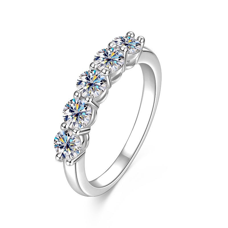 Moissanite Five-Stone Round Cut Shared Prong Wedding Band in Sterling Silver