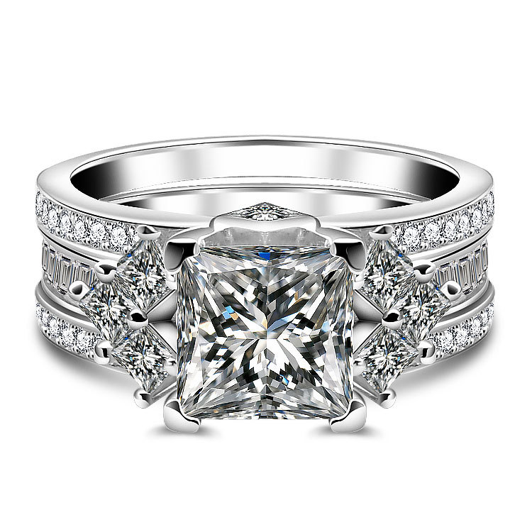 3Ct Princess Cut Insert Wedding Ring Set in Sterling Silver-Sterling Silver-lornajewelry