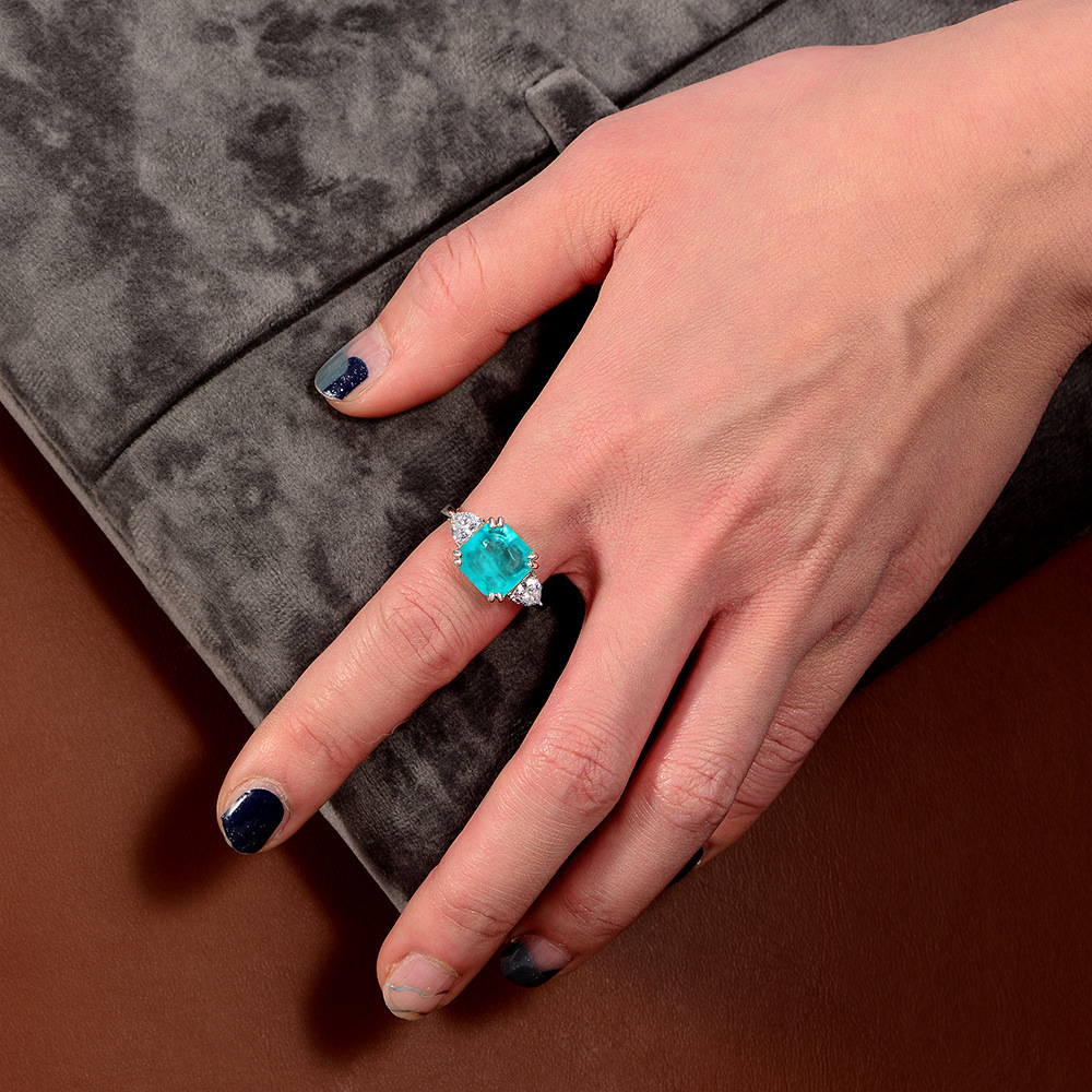 5Ct Asscher Cut Blue Paraiba Tourmaline Three-Stone Setting Ring-Sterling Silver-lornajewelry