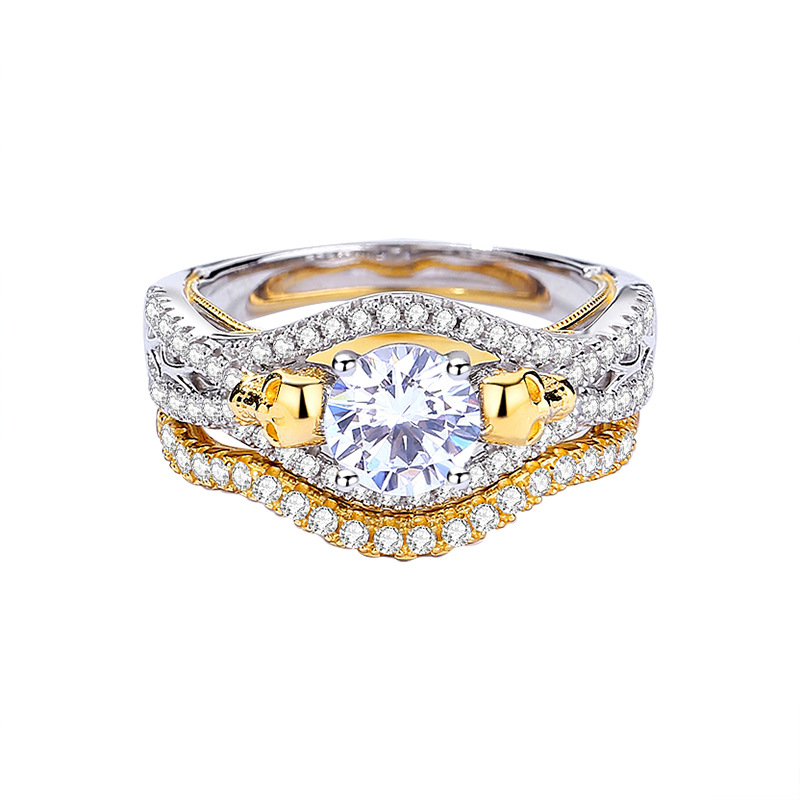 1Ct Moissanite Round Cut Two-Tone Gold and Silver Bridal Ring Set-Sterling Silver-lornajewelry