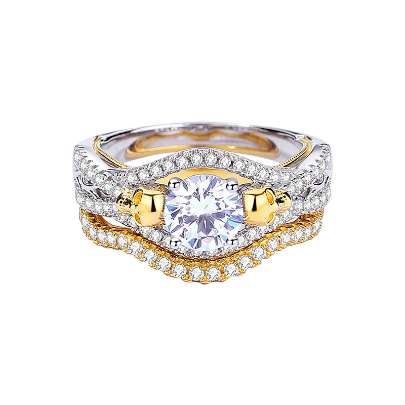 1Ct Moissanite Round Cut Two-Tone Gold and Silver Bridal Ring Set-Sterling Silver-lornajewelry