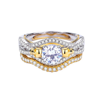 1Ct Moissanite Round Cut Two-Tone Gold and Silver Bridal Ring Set-Sterling Silver-lornajewelry