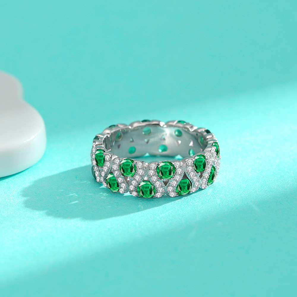 Green Round Cut Pave Eternity Band-Sterling Silver-lornajewelry