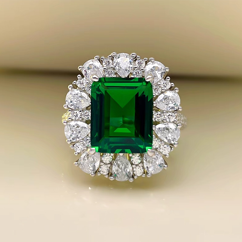 6Ct Emerald Cut Green Vintage Halo Design Ring-Sterling Silver-lornajewelry