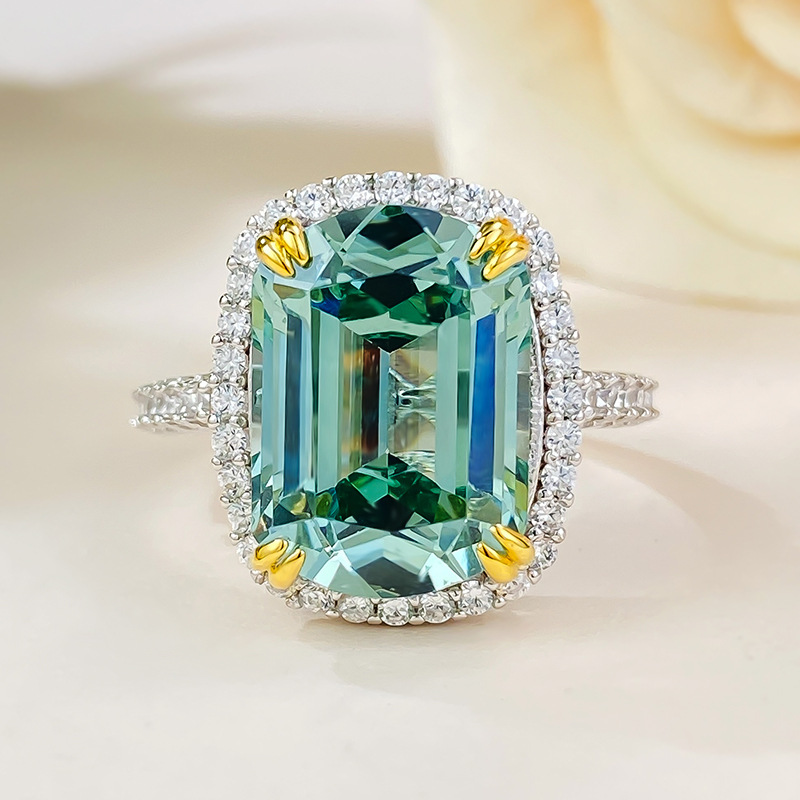 7Ct Emerald Cut Green Tourmaline Halo Design Ring-Sterling Silver-lornajewelry