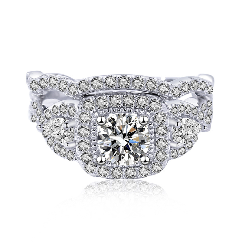 1Ct Moissanite Round Cut Halo Pave Wave Design Wedding Ring Set-Sterling Silver-lornajewelry