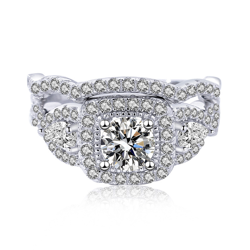 1Ct Moissanite Round Cut Halo Pave Wave Design Wedding Ring Set-Sterling Silver-lornajewelry