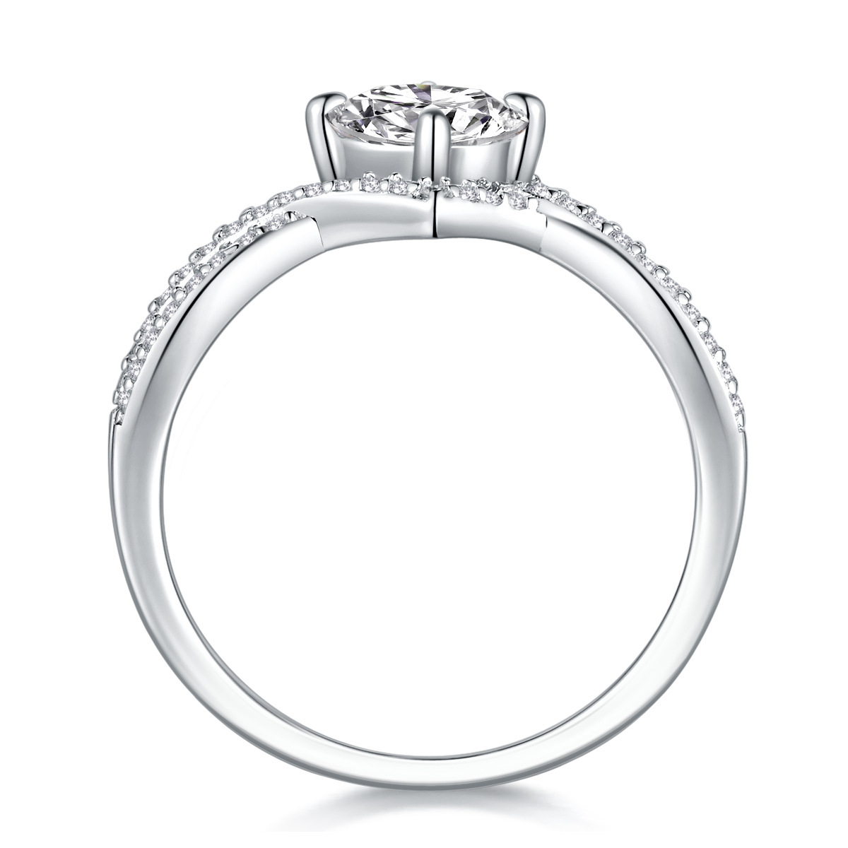 1Ct Moissanite Double Row Crisscross Pav Band Sterling Silver Engagement Ring
