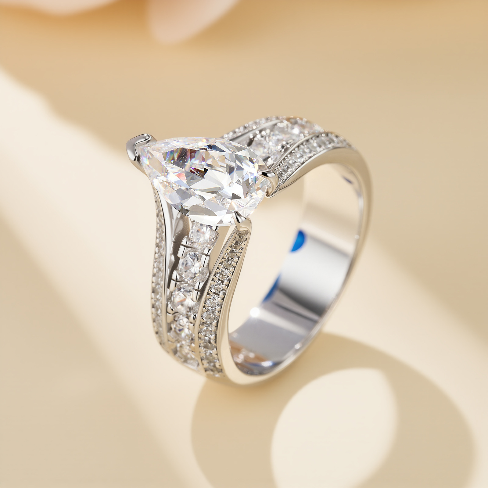 2Ct Moissanite Pear Cut Triple Row Statement Engagement Ring in Sterling Silver