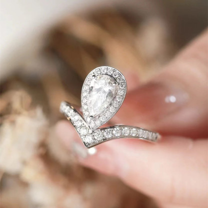 1Ct Moissanite Pear Cut with V-Shaped Band Halo Engagement Ring in Sterling Silver