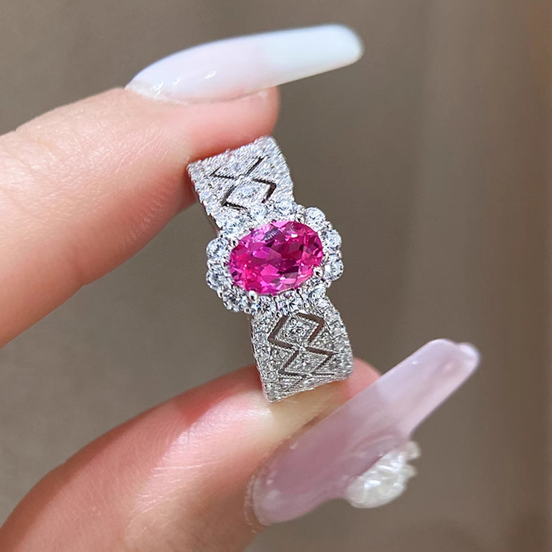 1Ct Rose Red Oval Cut Pave Halo Setting Ring-Sterling Silver-lornajewelry