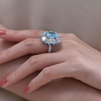 6Ct Cushion Cut Aquamarine Double Halo Pave Ring-Sterling Silver-lornajewelry