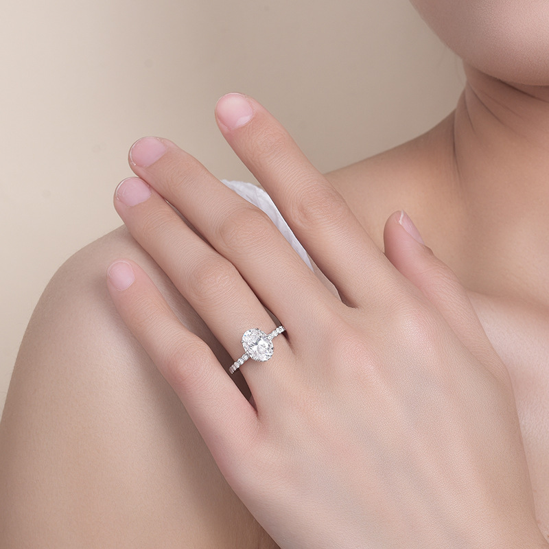 2.5Ct Moissanite Oval Cut Hidden Halo Pave Sterling Silver Engagement Ring