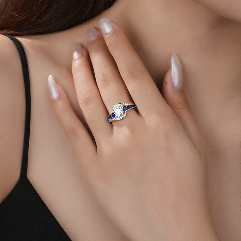 1Ct Moissanite Blue Round Cut Channel Setting Wave Design Ring-Sterling Silver-lornajewelry