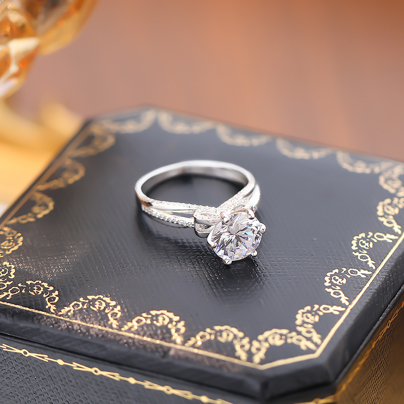 3Ct Moissanite Round Cut Pave Split Shank Ring-Sterling Silver-lornajewelry