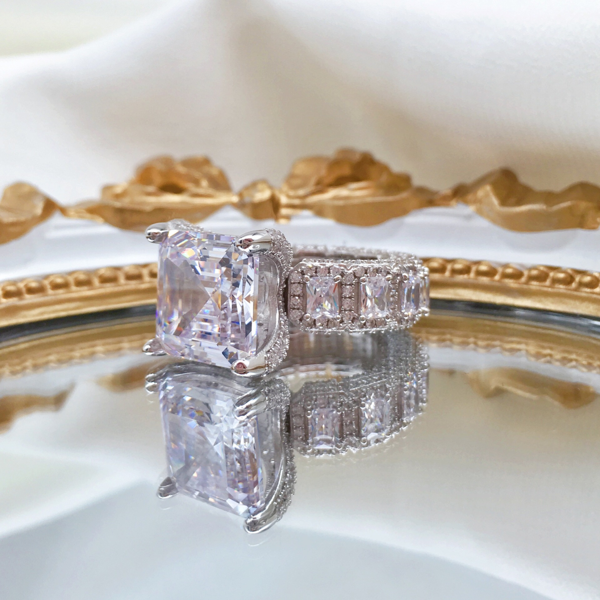 8Ct Luxury Full-Stone Design 4-Prong Asscher Cut Engagement Ring In Sterling Silver-Sterling Silver-lornajewelry