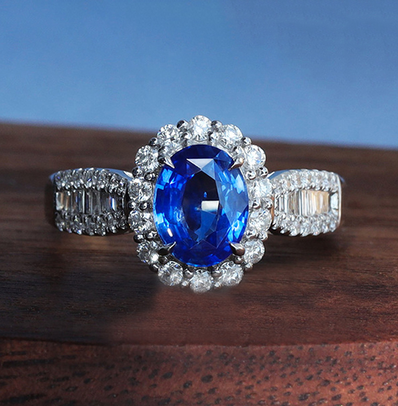 2.5Ct Oval Cut Blue Sapphire Halo Design Ring-Sterling Silver-lornajewelry