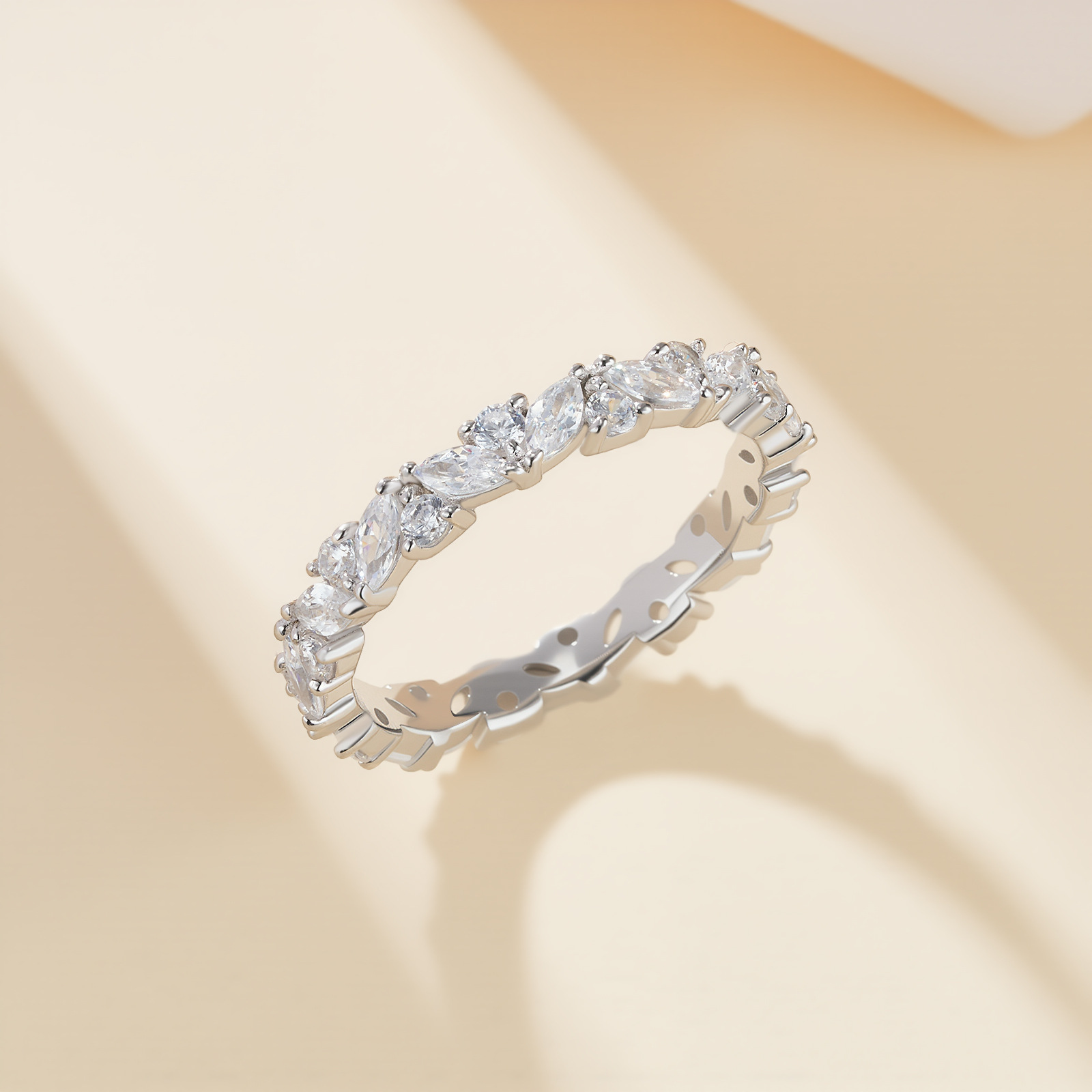 Moissanite Marquise Cut & Round Cut Full Eternity Wedding Band In Sterling Silver