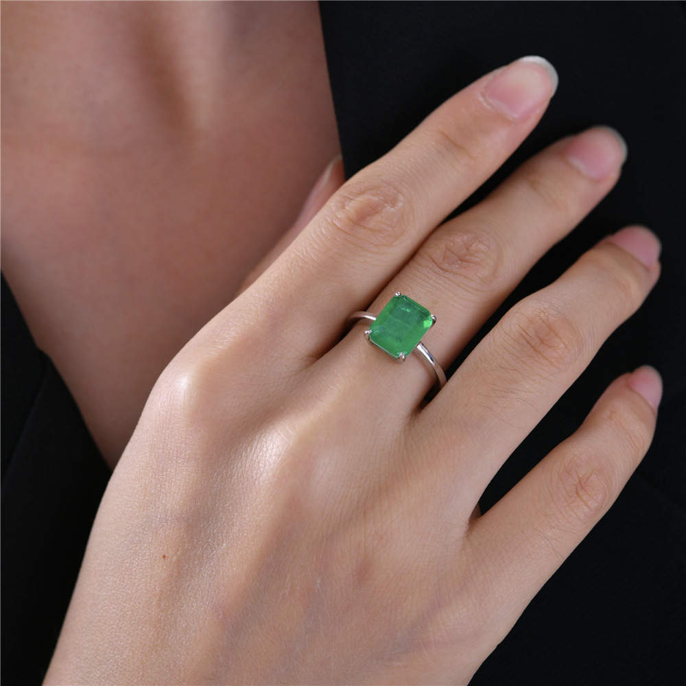 4Ct Emerald Cut Green Engagement Ring In Sterling Silver