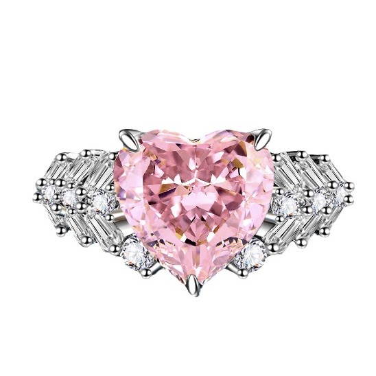 3.5Ct Pink Heart Cut Baguette Setting Ring-Sterling Silver-lornajewelry