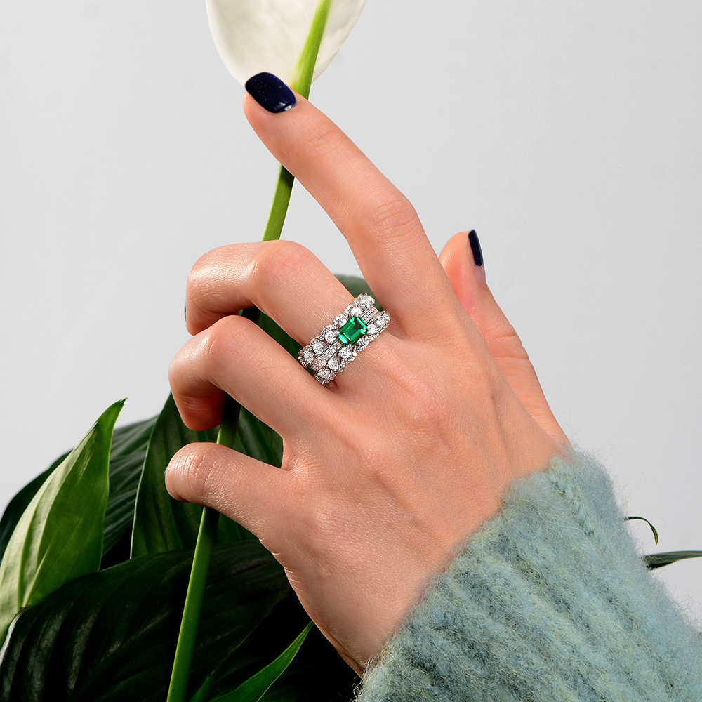 1Ct Emerald Cut Emerald Micro Pave Ring-Sterling Silver-lornajewelry