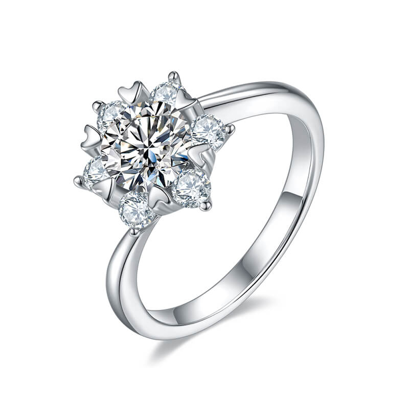 1Ct Moissanite Round Starflower Side Stone Engagement Ring-Sterling Silver-lornajewelry